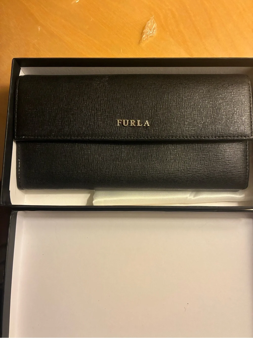 Furla Black Textured Leather Long Card Holder with Gold Logo
